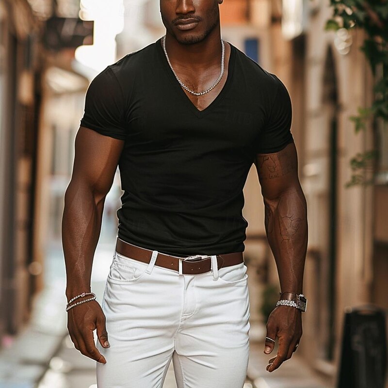 Men's T Shirt Tee Top Short Sleeves V Neck Summer Plain Designer Basic Modern Contemporary Vacation Street Going out Navy Black White Top Tee for Men