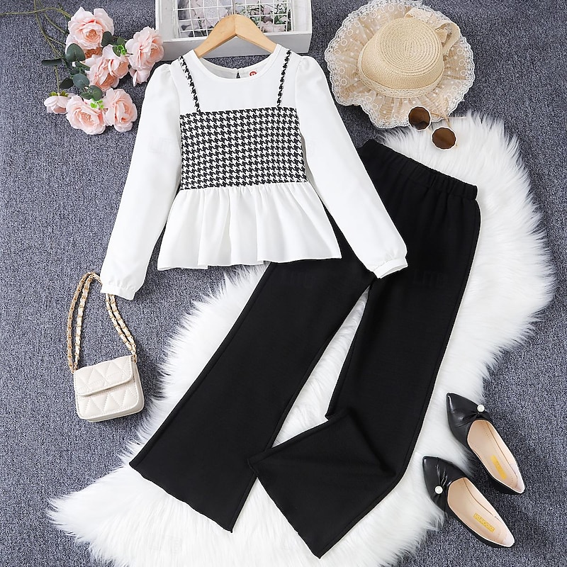 2 Pieces Kids Girls' Plaid Pants Suit Set Long Sleeve Fashion Casual 7-13 Years Fall White