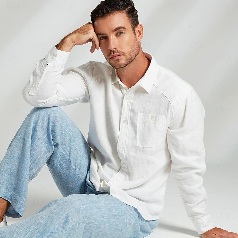 Men's 100% Linen Shirt White Long Sleeve Solid Color Turndown Summer Outdoor Office / Career Clothing Apparel Button