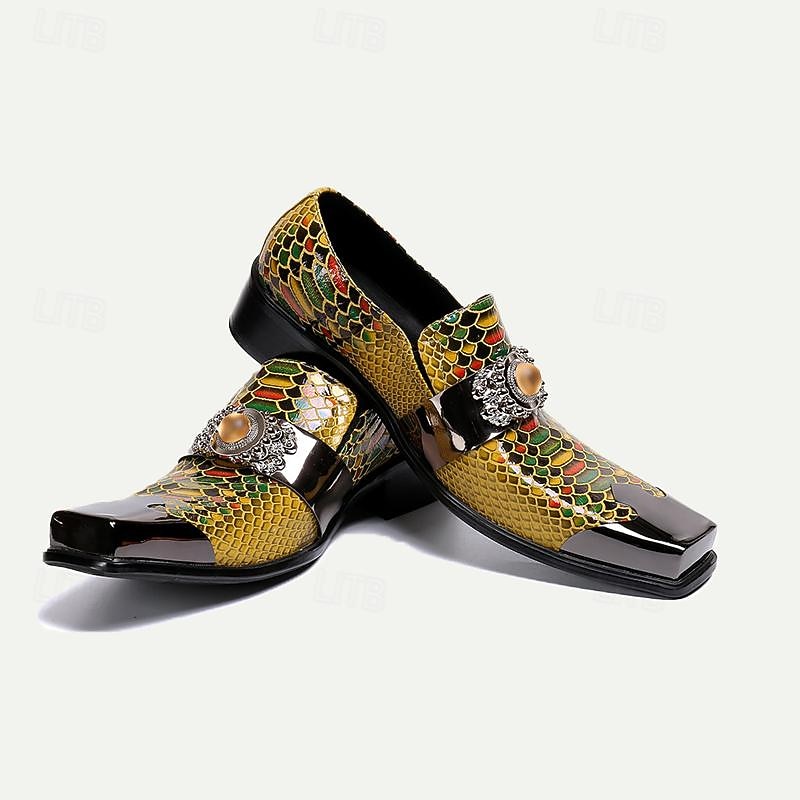 Men's Premium Cowhide Leather Punk Style Loafers - Snake Pattern Slip-On Dress Shoes with Decorative Buckle and Metal Toe Cap3