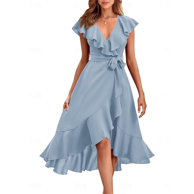 Women's Midi Dress Casual Dress Cocktail Dress Wedding Guest Dress Chiffon Dress Streetwear Basic Casual Vacation Street Holiday Regular Fit Short Sleeve V Neck Black Red Light Green Light Blue Summer
