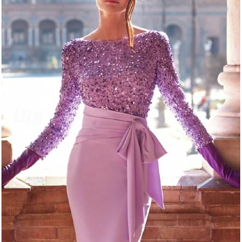 Mermaid Sequin Evening Gown Elegant Dress Formal Wedding Reception Floor Length Long Sleeve Jewel Neck with Bow(s) Pearls Masquerade Dress3