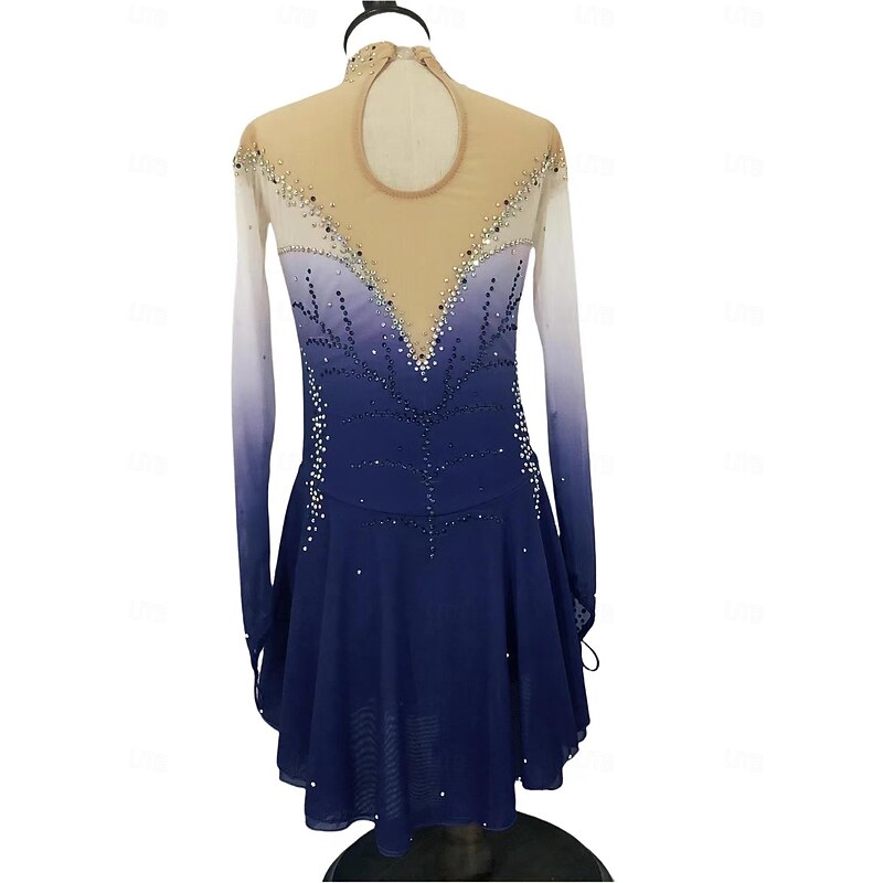 Figure Skating Dress Women's Girls' Ice Skating Dress Purple Fuchsia Dark Blue Patchwork Thumbhole Mesh Spandex Stretchy Training Practice Professional Skating Wear Thermal Warm Classic Crystal4