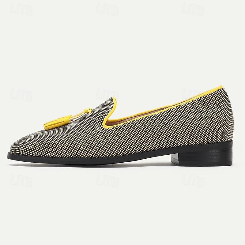 Men's Tassel Slip-On Loafers - Stylish Yellow and Black Patterned Dress Shoes3