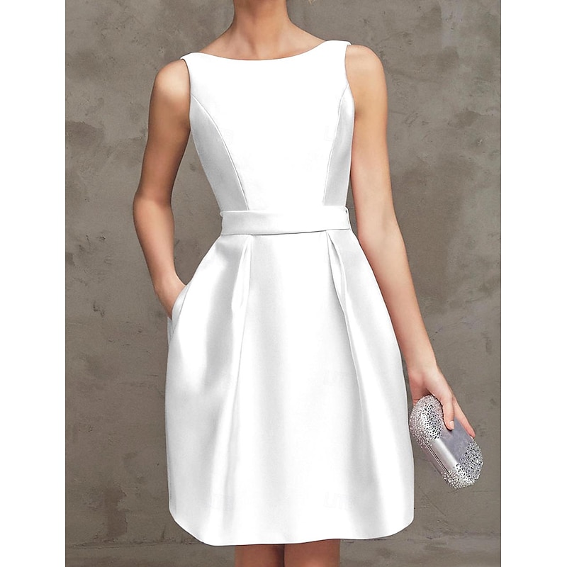 A-Line Cocktail Dresses Party Dress Wedding Guest Graduation Short / Mini Sleeveless Boat NeckDress Satin V Back with Pleats Dresses3