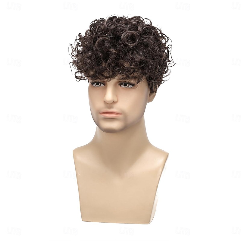 Mens Curly Wigs Dack Brown Short Wig,Synthetic Heat Resistant Costume Wig Mens Daily Cosplay Party Halloween4