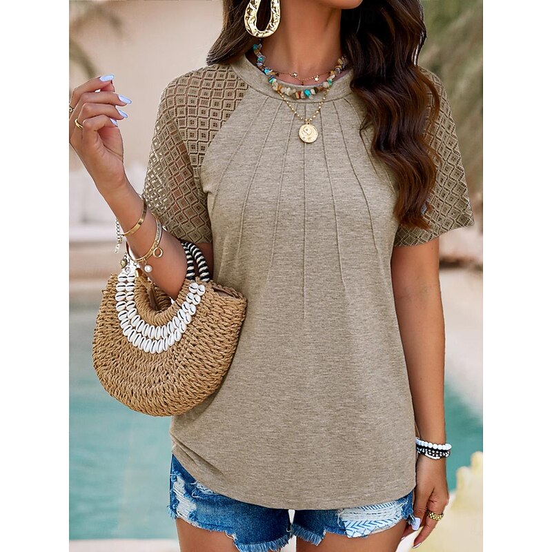 Women's T Shirt Dressy Tops Plain Stylish Short Sleeve Crew Neck Regular Tops Daily Lace Khaki Summer3