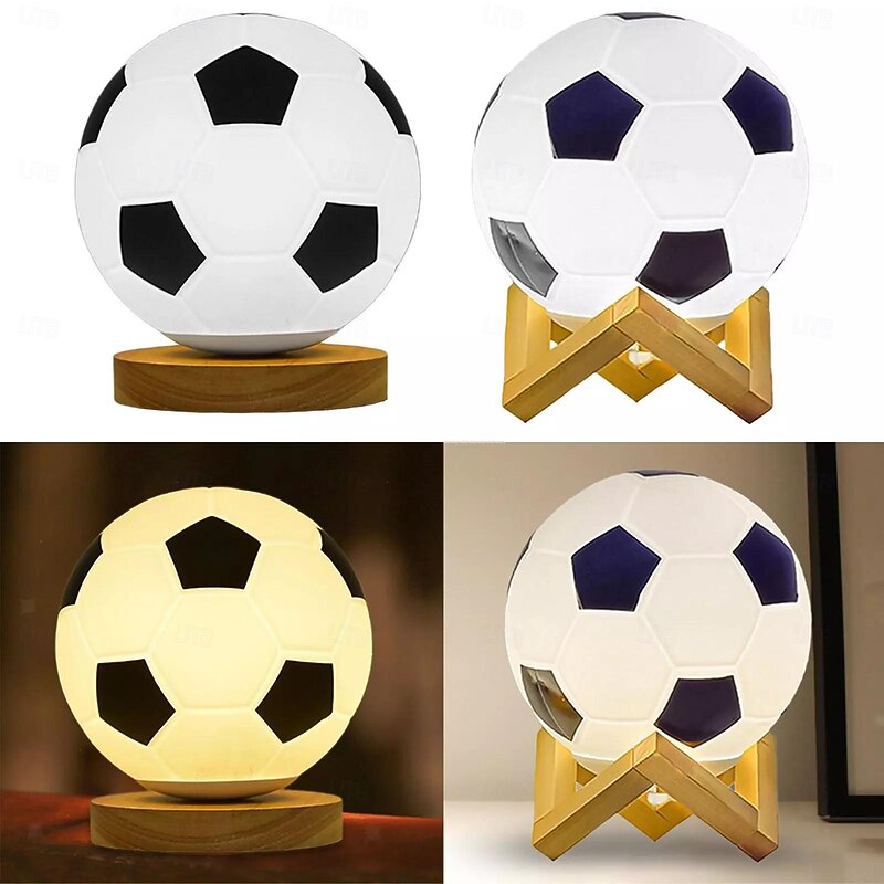 3D Football Night Light Euro Cup Solid Wood Base Small Table Lamp Night Light for Study Home Kids Gift Decorations