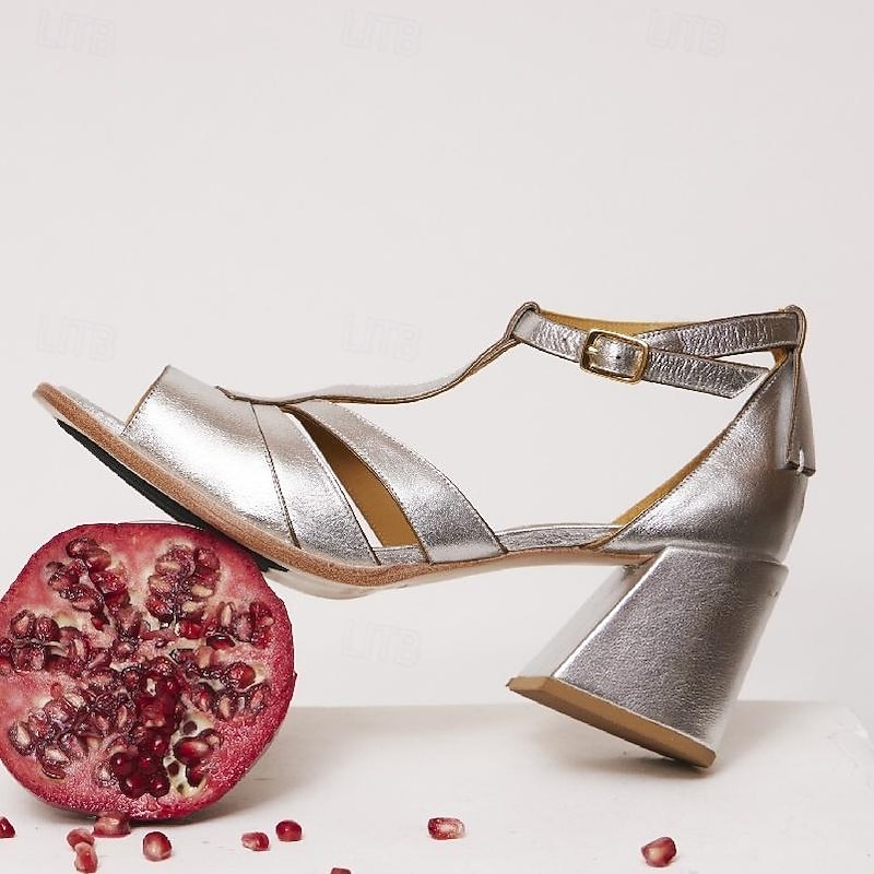 Women's Metallic Silver T-Strap Block Heel Sandals – Retro Open-Toe Party Shoes for Evenings, Weddings & Special Occasions3