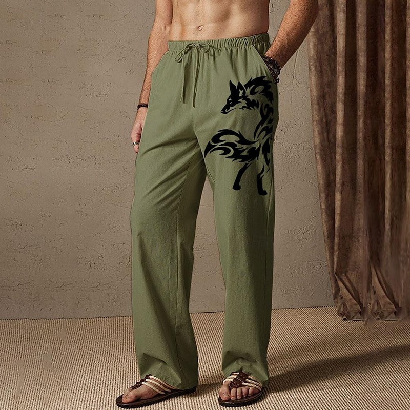 Men's Summer Pants Elastic Waist Animal Wolf Comfort Full Length Outdoor Streetwear Vacation Hawaiian Black White Micro-elastic 5