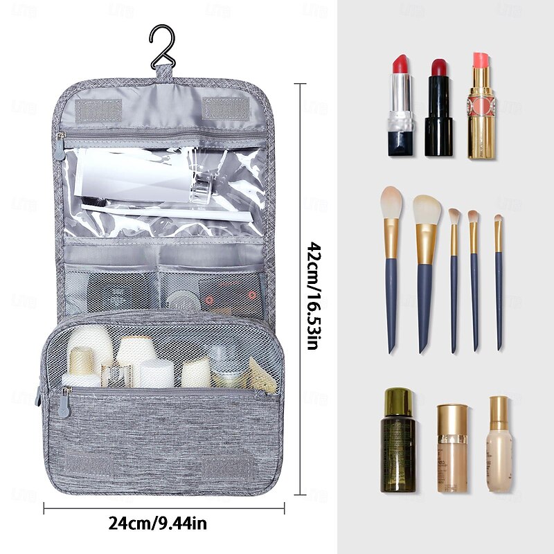 Large Capacity Waterproof Toiletry Bag with Hooks - Unisex Travel Bag for Full-Size Shampoo, Makeup, and Bathroom Accessories - Travel Makeup Brush Set Included3