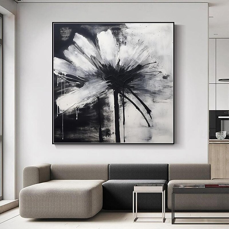 Handmade Oil Painting Canvas Wall Art Decoration Modern Abstract Black and White Flower for Home Dance Studio Decor Rolled Frameless Unstretched Painting