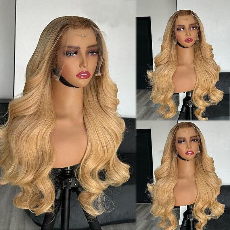Glueless Ombre 13x4 Lace Front Wig Brazilian Virgin Hair Glueless Wavy Ombre Honey Blonde Lace Front Human Hair Wig Pre-Plucked For Women