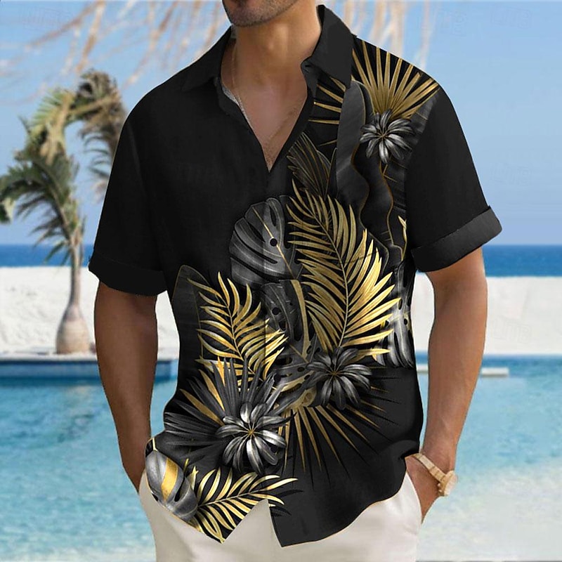 Men's Palm Leaf Tropical Plants Summer Hawaiian Shirt Aloha Shirt Short Sleeves Shirt Turndown Hawaiian Casual Resort Outdoor Vacation Street Black Grey Black Gold S M L