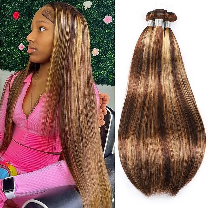 4/27 Highlight Straight Bundles Human Hair 3 Bundles 100% Unprocessed Brazilian Virgin Hair Extension For Women Double Weft Hair