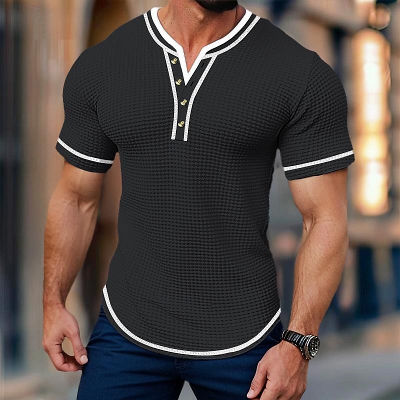Men's Waffle Shirt V Neck Tee Short Sleeve Shirt Tee Top Solid Color Henley Outdoor Street Short Sleeve Patchwork Button Clothing Apparel Daily3