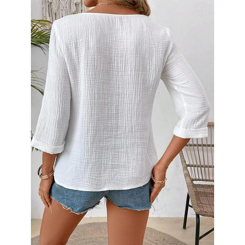 Women's Blouse Animal Elegant 3/4 Length Sleeve Notched Neck Regular Tops Daily Linen Like Going out Print White Summer4