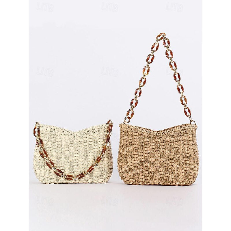 Boho Chic Women's Woven Rattan Shoulder Bag with Stylish Acrylic Chain4