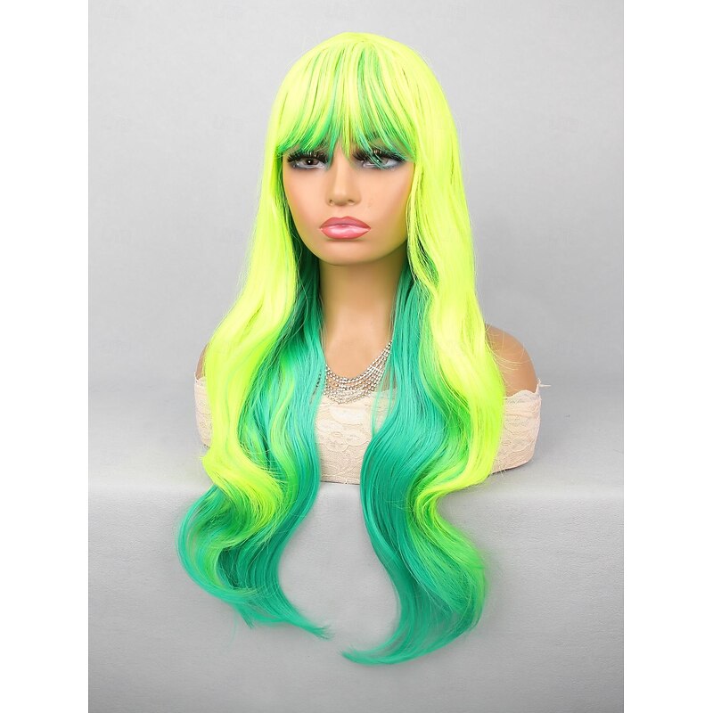 Synthetic Wig Deep Wave Neat Bang Wig 26 inch fluorescent green Synthetic Hair Women Green2