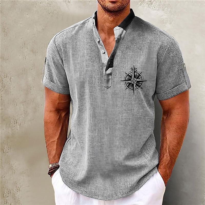 Men's Shirt Linen Shirt Beach Shirt Graphic Prints Outdoor Vacation Pink Green Khaki Gray Short Sleeve Stand Collar Summer Spring Clothing Apparel Print2