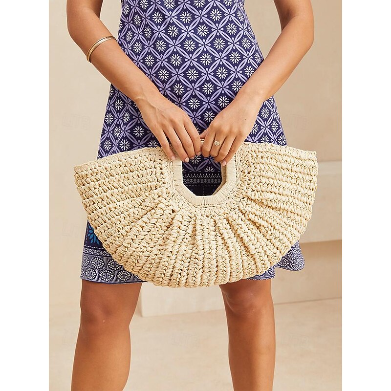 Handcrafted Natural Beige Straw Tote Bag with Unique Square Handle - Perfect Beach and Summer Accessory for Women2