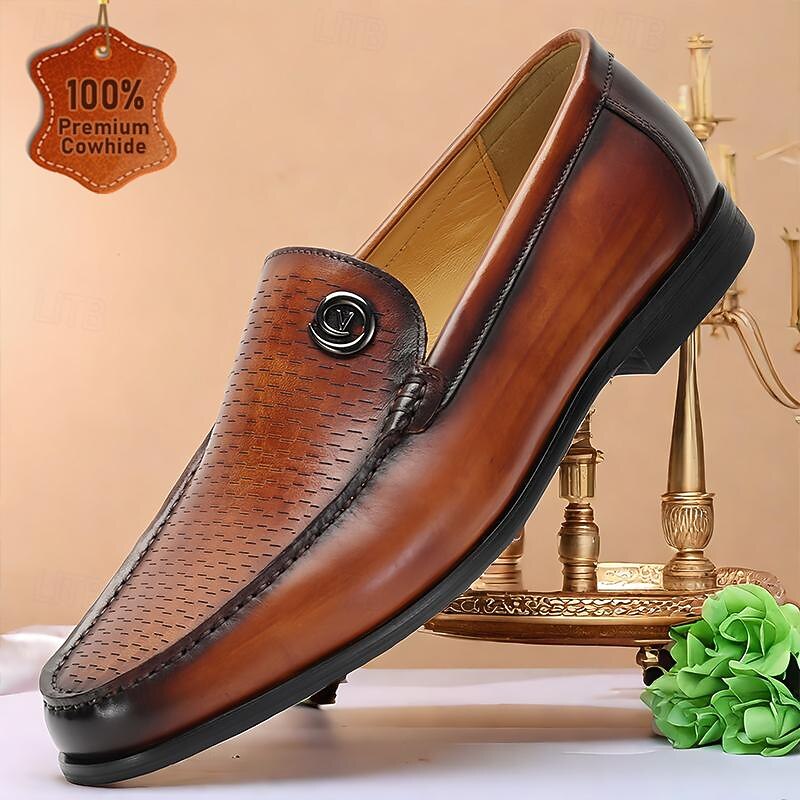 Men's Brown Leather Loafers – Elegant Slip-On Dress Shoes with Metal Detail