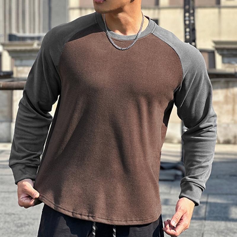 Men's Running T-Shirt Patchwork Long Sleeve Tee Tshirt Casual Athleisure Color Block Soft Breathable Gym Workout Walking Jogging Sportswear Activewear Black White Coffee2