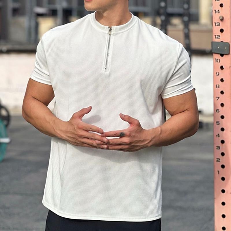 Men's Running T-Shirt Quarter Zip Short Sleeve Tee Tshirt Casual Athleisure Solid Colored Soft Breathable Gym Workout Walking Jogging Sportswear Activewear Dark Grey Black White2