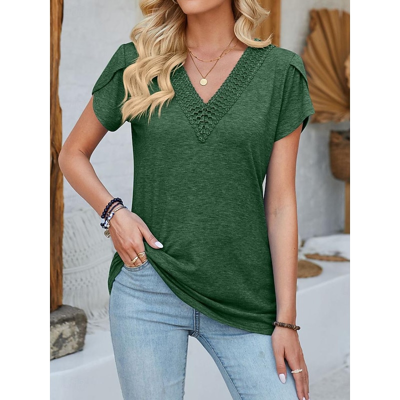 Women's Shirt Dressy Tops Plain Stylish Short Sleeve V Neck Regular Tops Daily Lace Pink Dark Green Khaki Gray Summer3