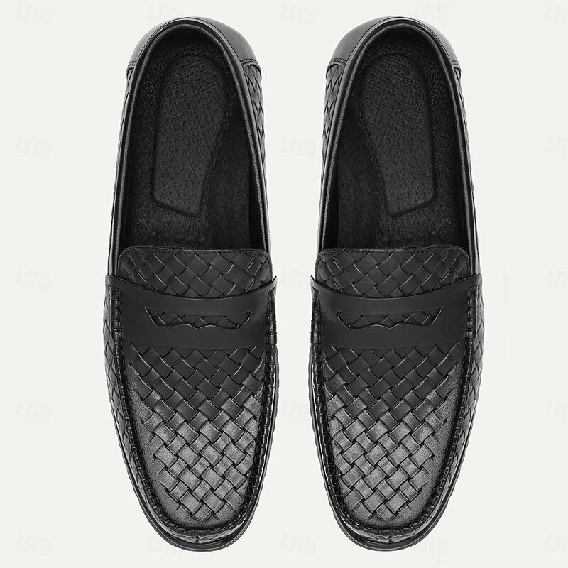 Men's Woven Leather Slip-On Loafers - Stylish Black Casual Driving Shoes4