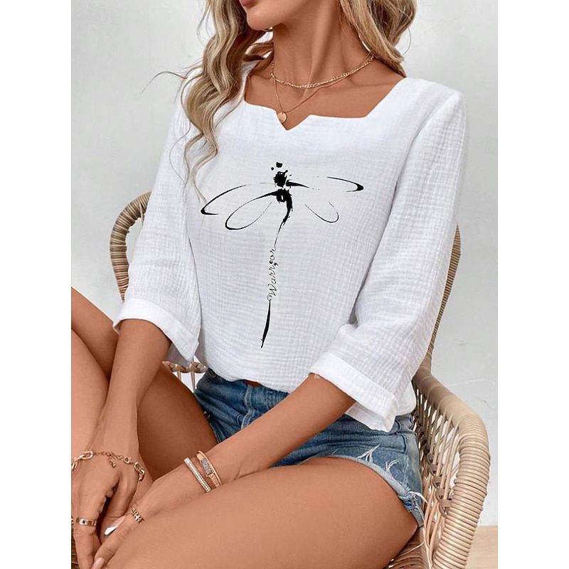 Women's Blouse Animal Elegant 3/4 Length Sleeve Notched Neck Regular Tops Daily Linen Like Going out Print White Summer2