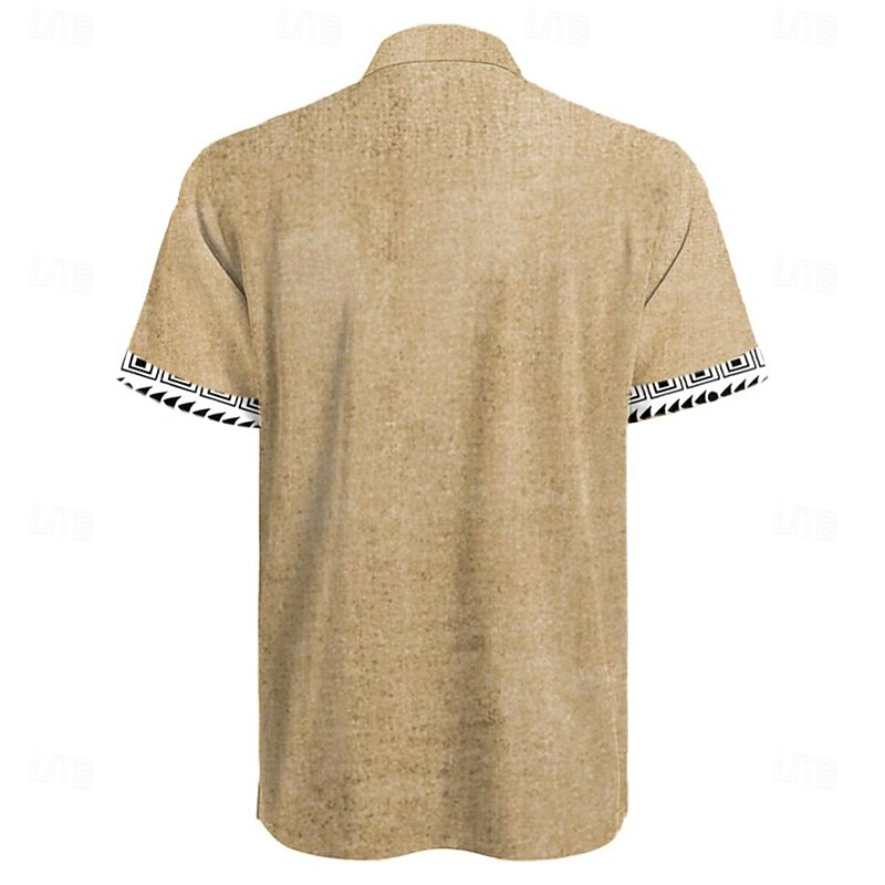 Men's Nautical Shirt Button Up Shirt Short Sleeve Casual Tribal Daily Hawaiian Summer Spring Grandad Collar Band Collar Buttons Print Yellow Green Khaki Beige2