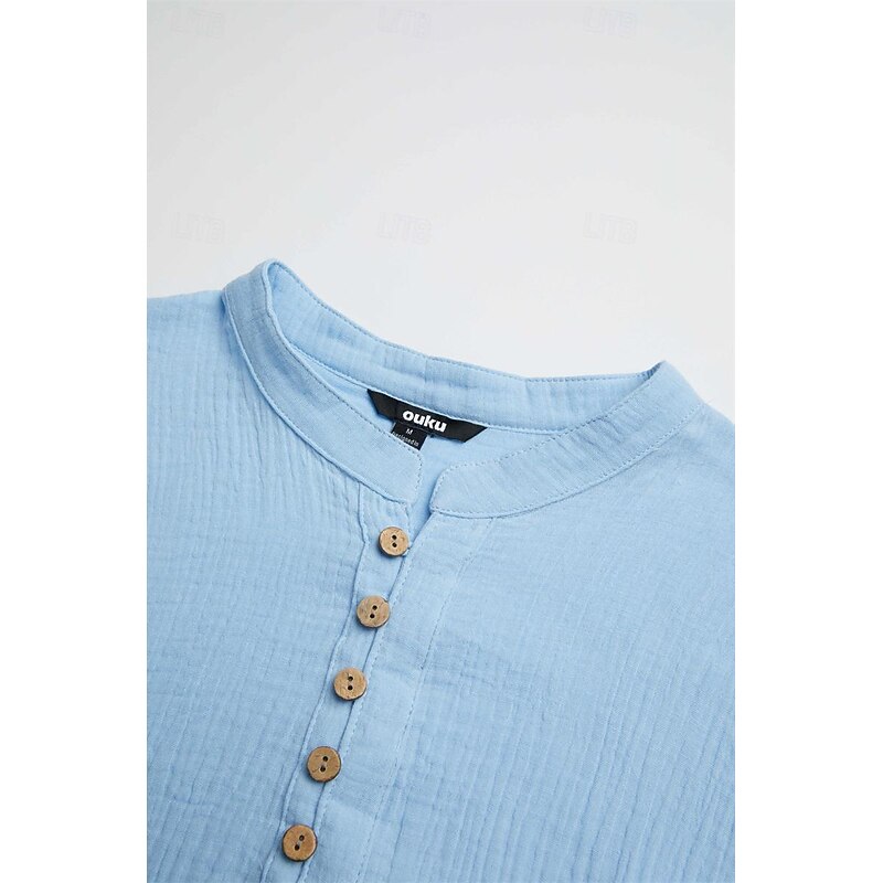 Men's Shirt Summer Shirt Beach Wear Casual Shirt Band Collar Shirt Button Up Shirt Black White Light Blue Long Sleeve Plain Band Collar Vacation Daily Splice Clothing Apparel Cotton Cotton Blend2