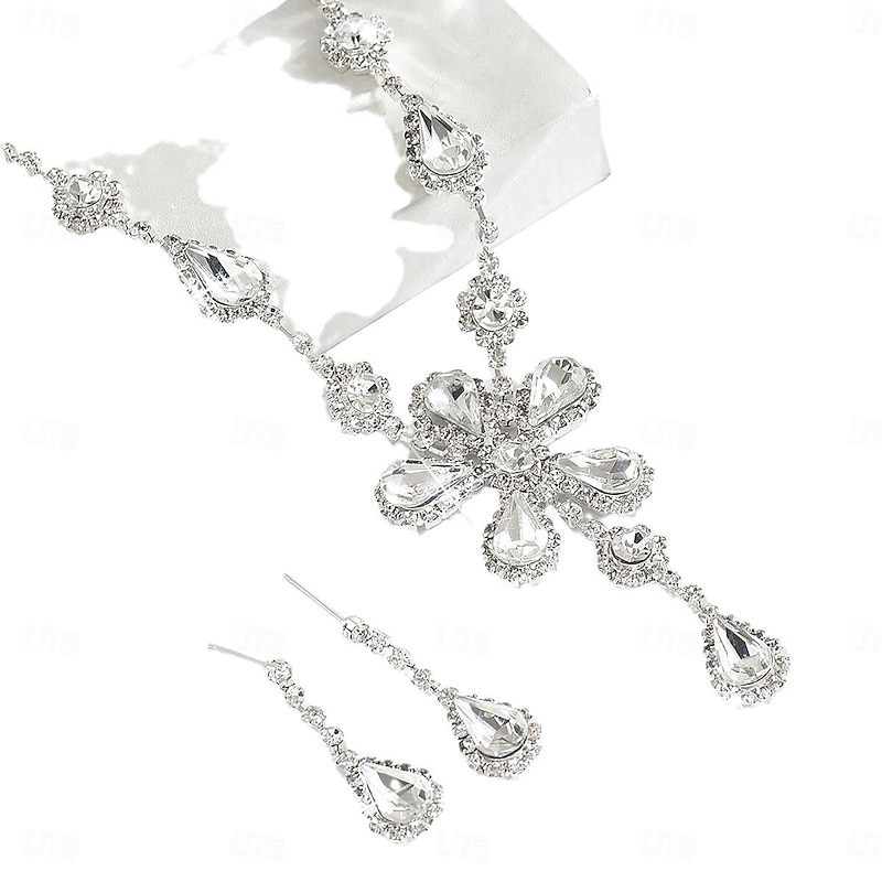 Bridal Jewelry Sets Two-piece Suit Rhinestone Imitation Diamond 1 Necklace Earrings Women's Elegant Vintage Sweet Lovely Classic Flower Love Jewelry Set For Wedding Gift3