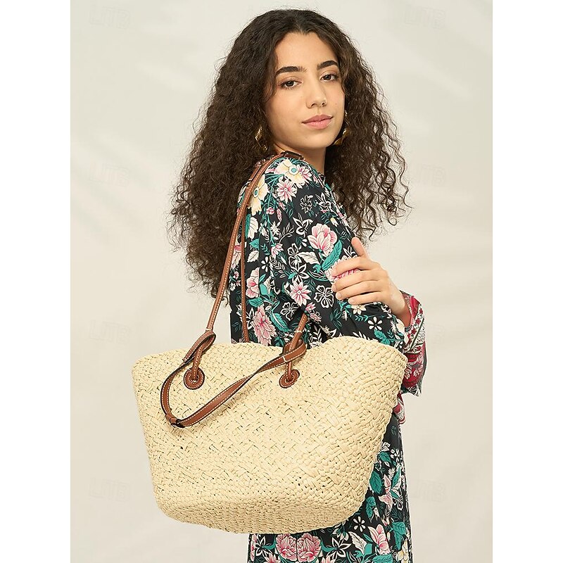 Women's Boho Chic Large Straw Tote Bag with Leather Straps, Perfect for Beach Outings and Casual Summer Days2