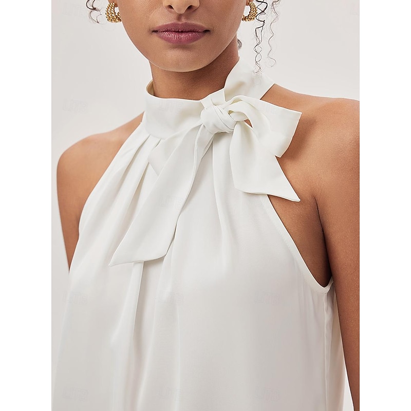 Women's Blouse Dressy Tops Plain Elegant Modern Sleeveless Sleeveless Halter Neck Regular Tops Work Ruched Bow White Summer4