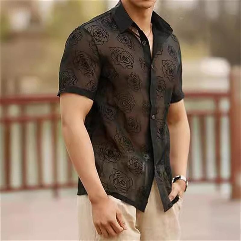 Men's Shirt Summer Shirt Mesh Shirt Sheer Shirt Sheer Blouse Black Short Sleeve Rose Plain Turndown Vacation Hawaiian Mesh Clothing Apparel Polyester Fashion Casual Comfortable3