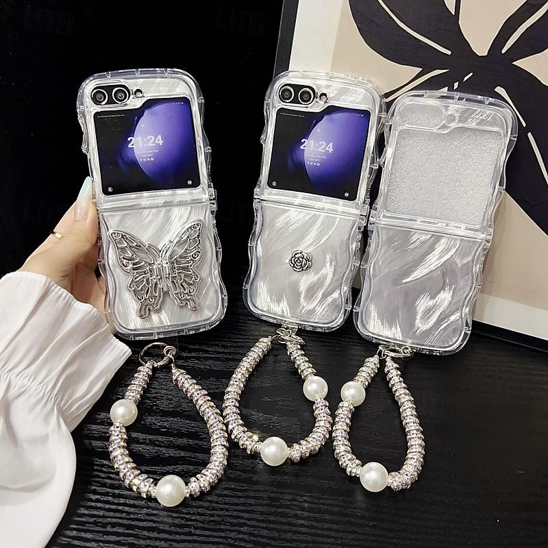 Phone Case For Samsung Galaxy Z Flip 6 Z Flip 5 Z Flip 4 Z Flip 3 Back Cover with Wrist Strap Shockproof TPU