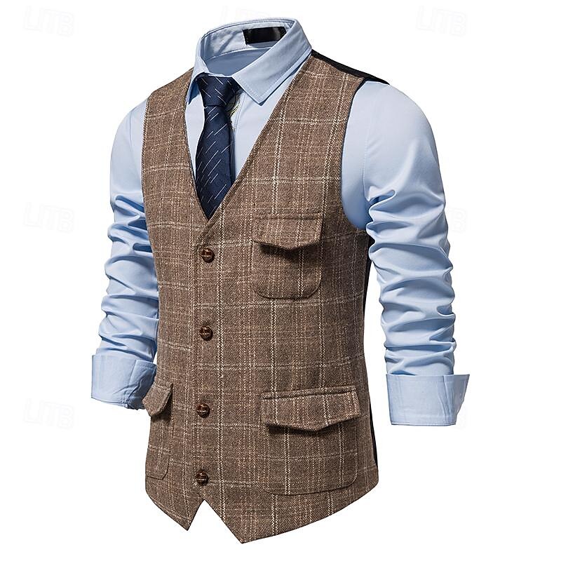 Men's Vest Gilet Business Casual Wedding Party Dress Comfortable Spring, Fall, Winter, Summer Polyester 95% Polyester 5% Spandex Plaid / Check Buttoned Front V Neck Regular Fit Black Khaki Gray Vest2