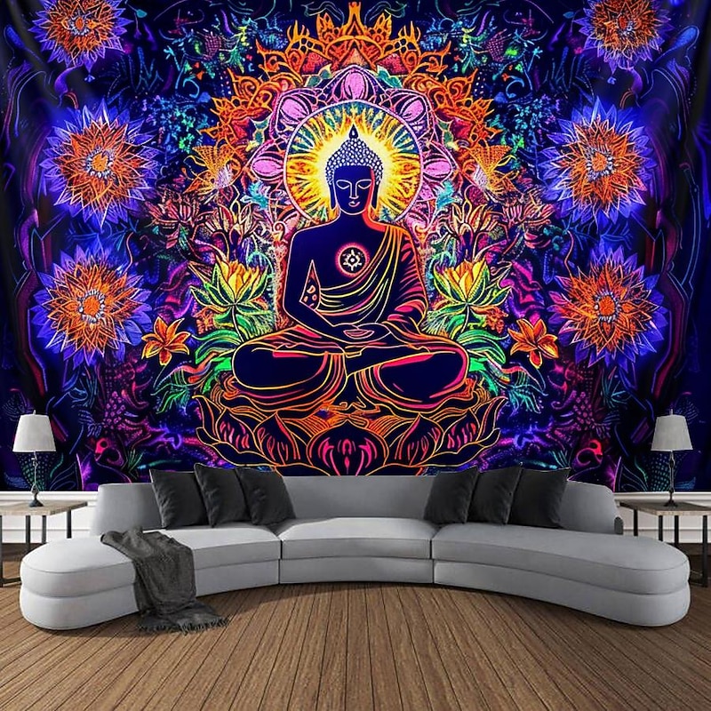Bohemian Buddha Blacklight Tapestry UV Reactive Glow in the Dark Glow Party Lotus Trippy Misty Nature Landscape Hanging Tapestry Wall Art Mural for Living Room Bedroom