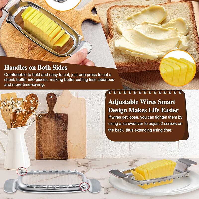 Butter Slicer Aluminum Stainless Steel Butter and Cheese Cutter Slicer with Portable Grip for Butter Cheese Fruit Baking Single Stick Easy to Clean4