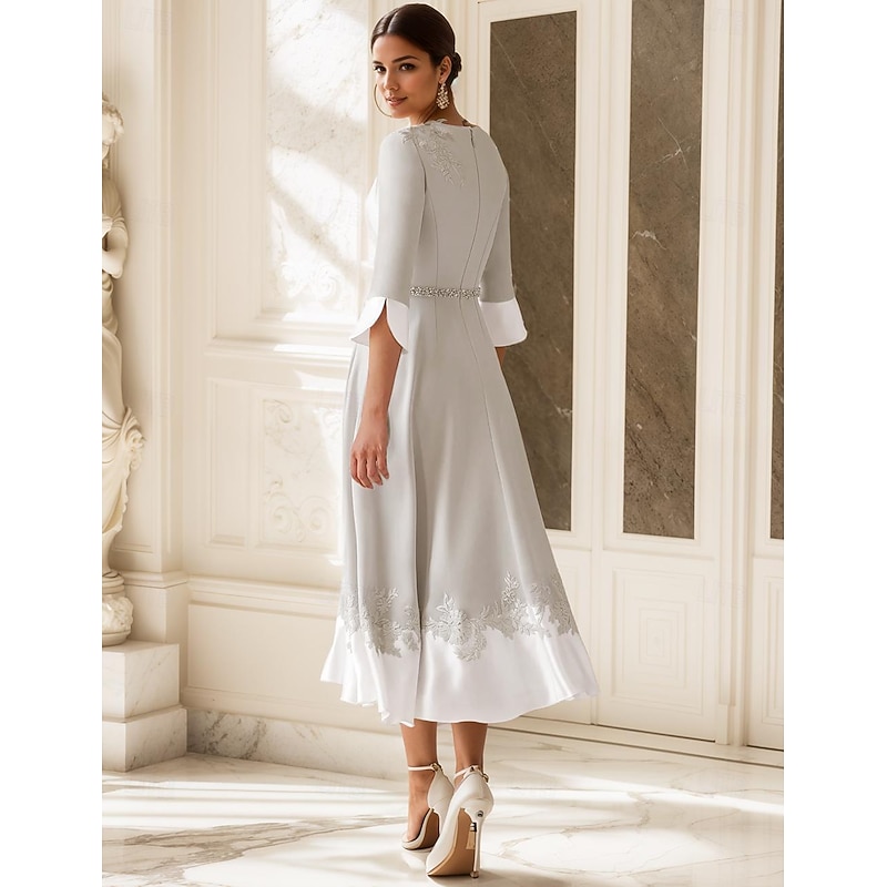 Beach Wedding A-Line Mother of the Bride Dress Wedding Guest Church Elegant V Neck Tea Length Stretch Fabric Half Sleeve with Appliques3