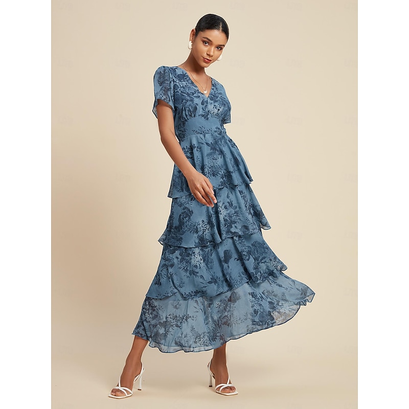 Women's Wedding Guest Party Navy Floral Chiffon Maxi Dress V Neck Vintage Elegant A Line Tiered Ruffle Cake Skirt Elastic Waist and Back Dress