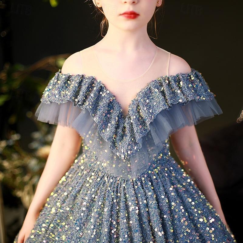 Kids Girls' Flower Girl Dress Party Dress Solid Color Sleeveless Performance Wedding Party Mesh Princess Sweet Mesh Mid-Calf Sheath Dress Tulle Dress Summer Spring Fall 2-12 Years Silver3