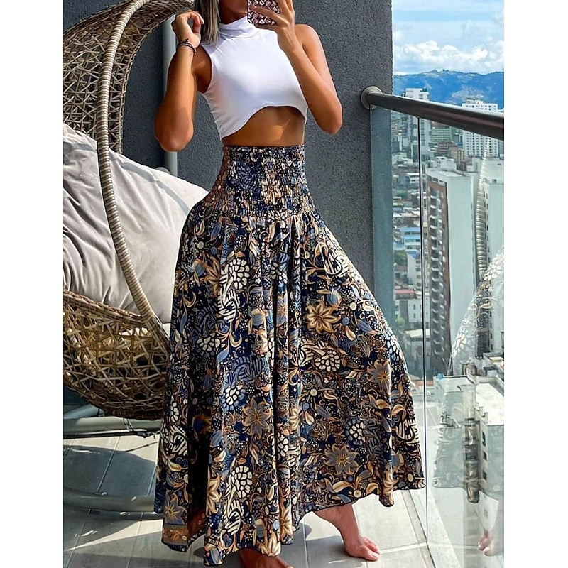 Women's Wide Leg Pants A Line Print Floral Boho Black Summer