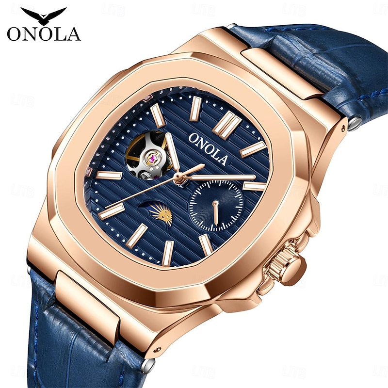 ONOLA Men Mechanical Watch Fashion Business Wristwatch Automatic Self-winding Moon phase Luminous Waterproof Leather Watch