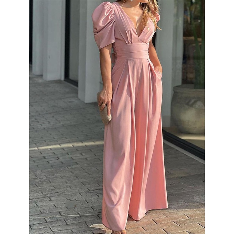 Women's Normal Jumpsuit Elegant Solid Color Short Sleeve V Neck Backless Pocket Street Daily Regular Fit Black Yellow Light Green Summer4