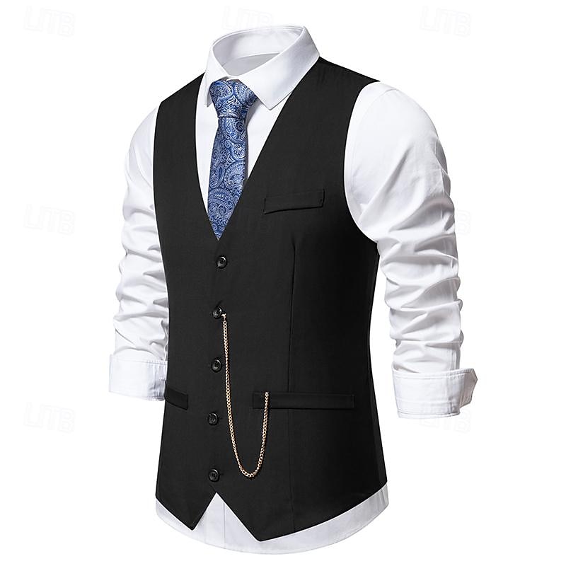Men's Vest Gilet Daily Wear Vacation Going out Vintage Fashion Spring &  Fall Button Polyester Comfortable Plain Single Breasted V Neck Regular Fit Black Burgundy Dark Navy Gray Vest3
