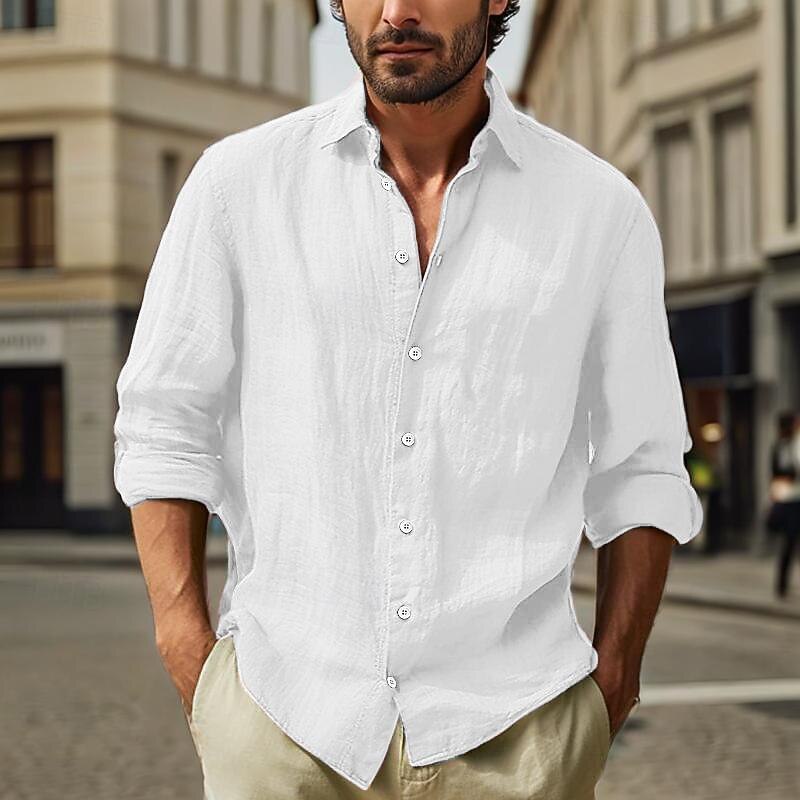 Men's Cotton Linen Shirt Plain Vacation Black White Pink Sky Blue Long Sleeve Turndown Clothing Apparel2