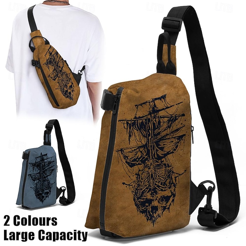 Men's Crossbody Bag Shoulder Bag Chest Bag Polyester Outdoor Daily Holiday Zipper Print Large Capacity Lightweight Multi Carry Rudder Sailboat Earth Yellow Dark Blue2